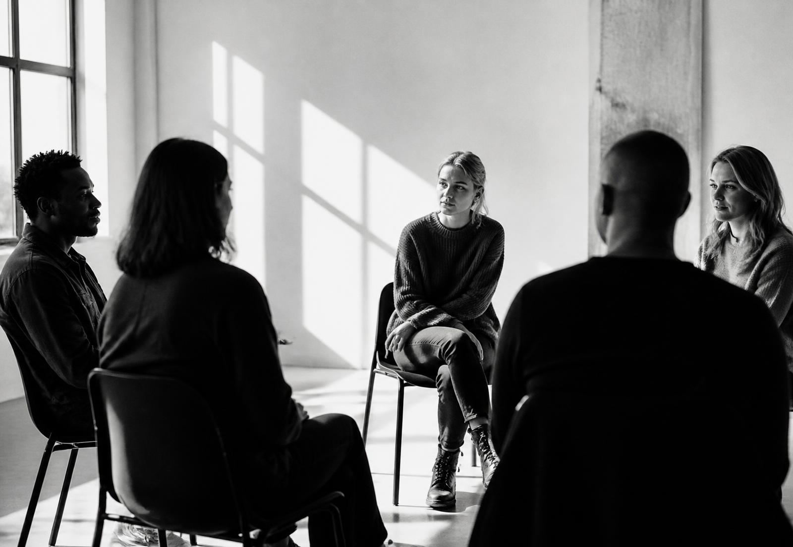 Grupp i samtal i ljust rum, svartvitt fotografi